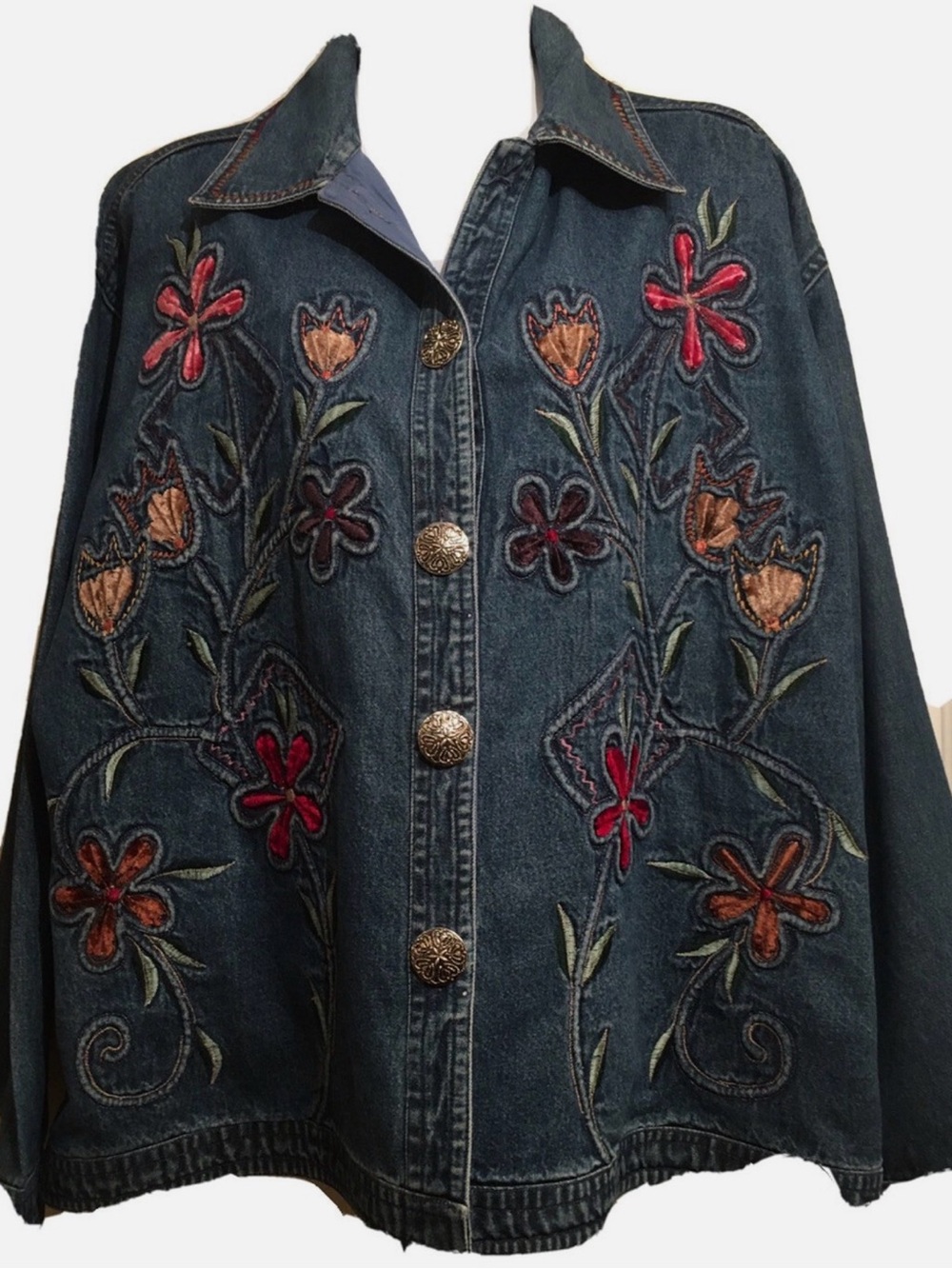 Vintage Embroidered Floral Denim Jacket Oversized Boho Cottagecore Medium